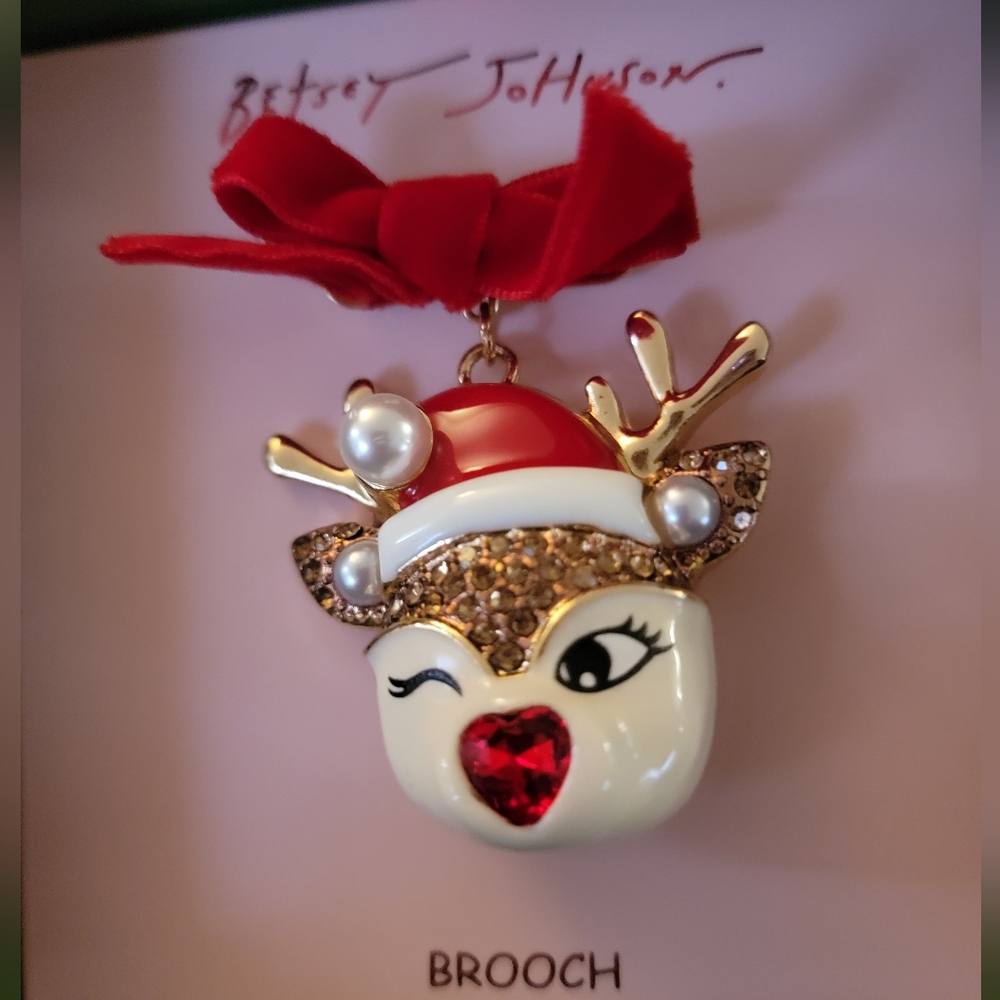 Betsey Johnson Festive Reindeer Brooch with Red and Gold